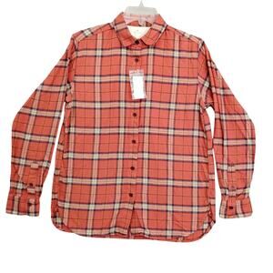 Muji 100% Cotton Flannel Plaid Shirt Size Small Orange Long Sleeve